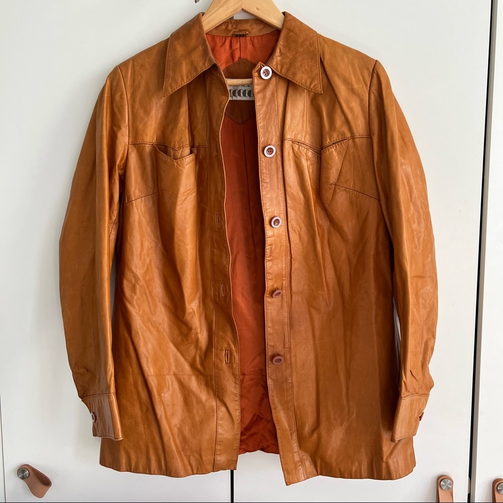 Vintage Real Brown Tan Leather Cowgirl Western Jacket Botton Up Small